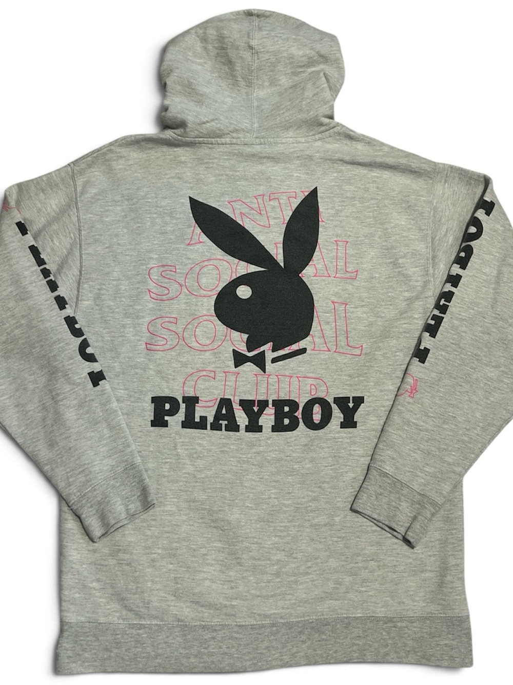 Anti Social Social Club Gray Hoodie with Black Playboy Logo and Pink Accents